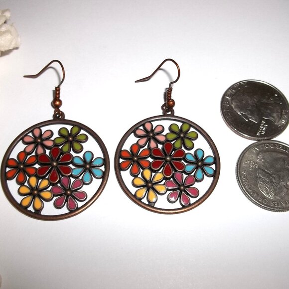 Copper Multicolored Flower Earrings Statement Jewelry Big Large Earring C875 - Picture 2 of 4